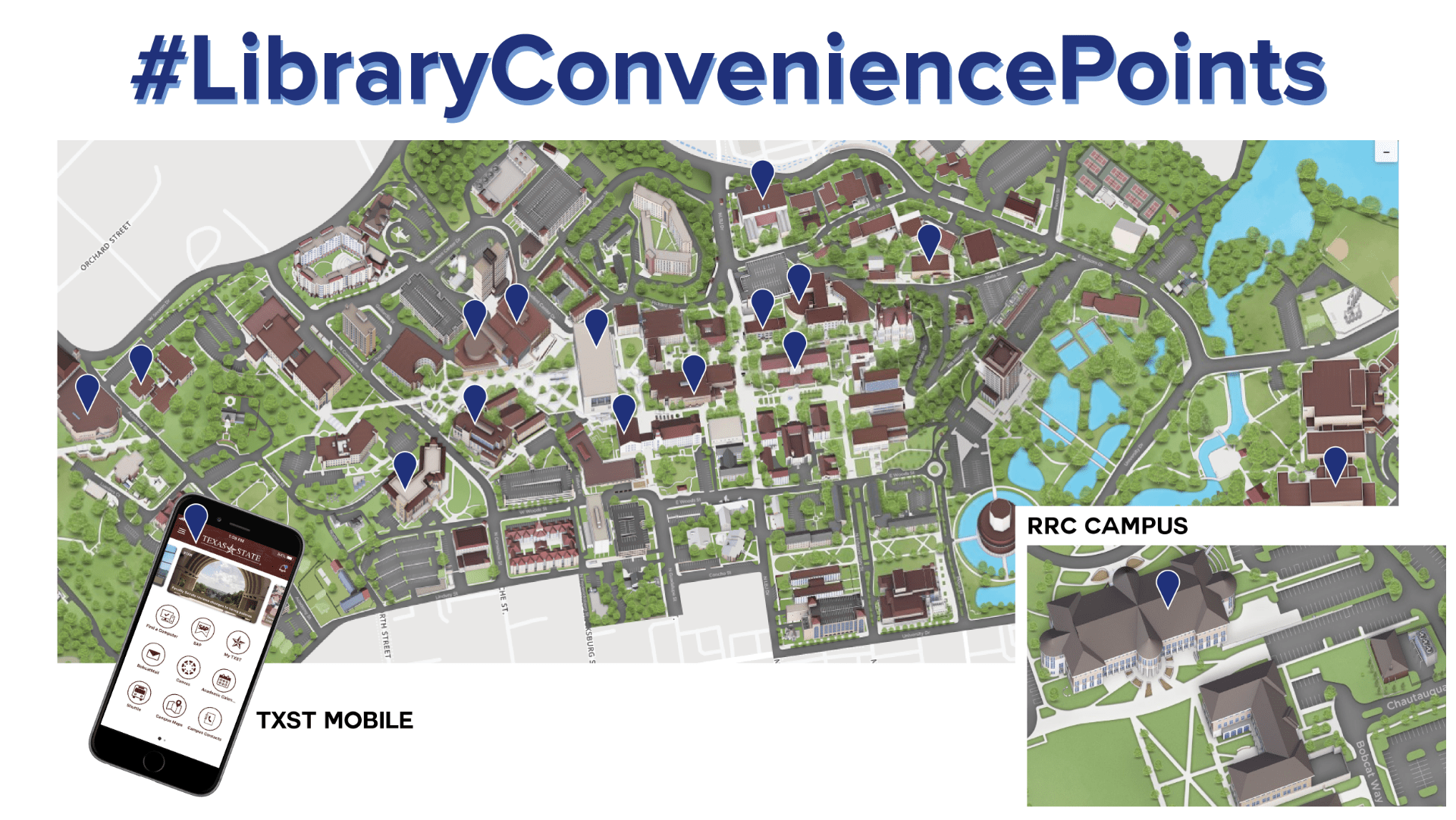 Map of campus showing various points where conveniences have been added.