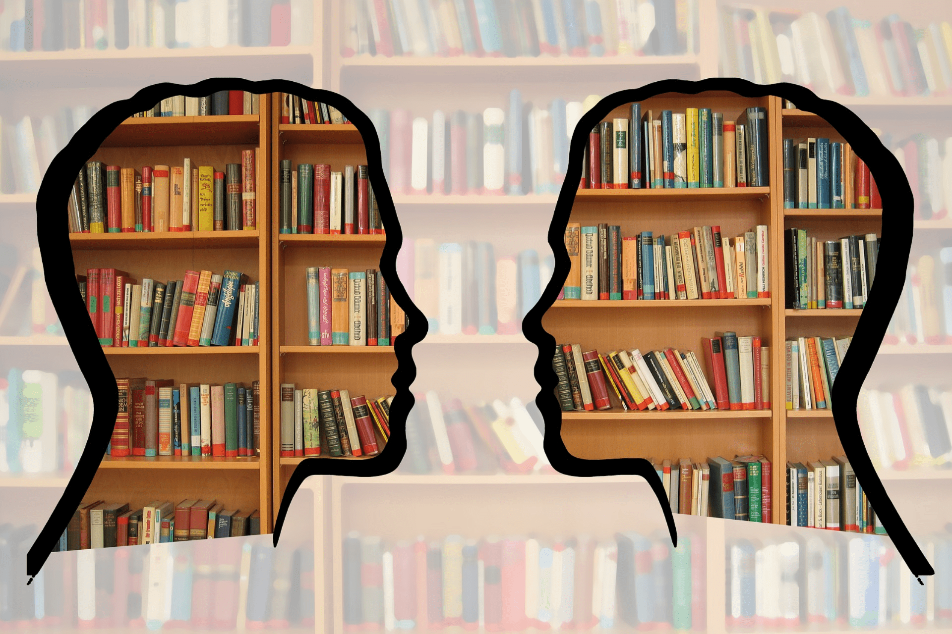 outline image of heads in library