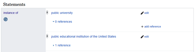 Example of a wikidata search for public education showing 0 references compared to an instance of public education institution of the United States which shows 1 reference.