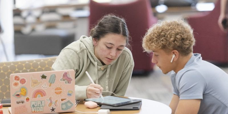 Two students working together in the library.